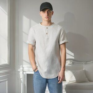 Men's Short-Sleeved Pullover Linen Shirt（Brand New）